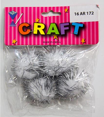 CRAFT MATERIAL POMPOM 4CM SILVER GLITTERED 4PCS