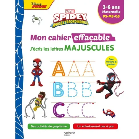 mon cahier effaçable - j'écris les lettres majuscules - marvel - spidey et ses amis